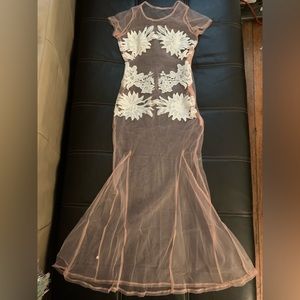 Sexy Pink Mesh Illusion DRESS White Lace Appliqué size S Maxi Mermaid hem